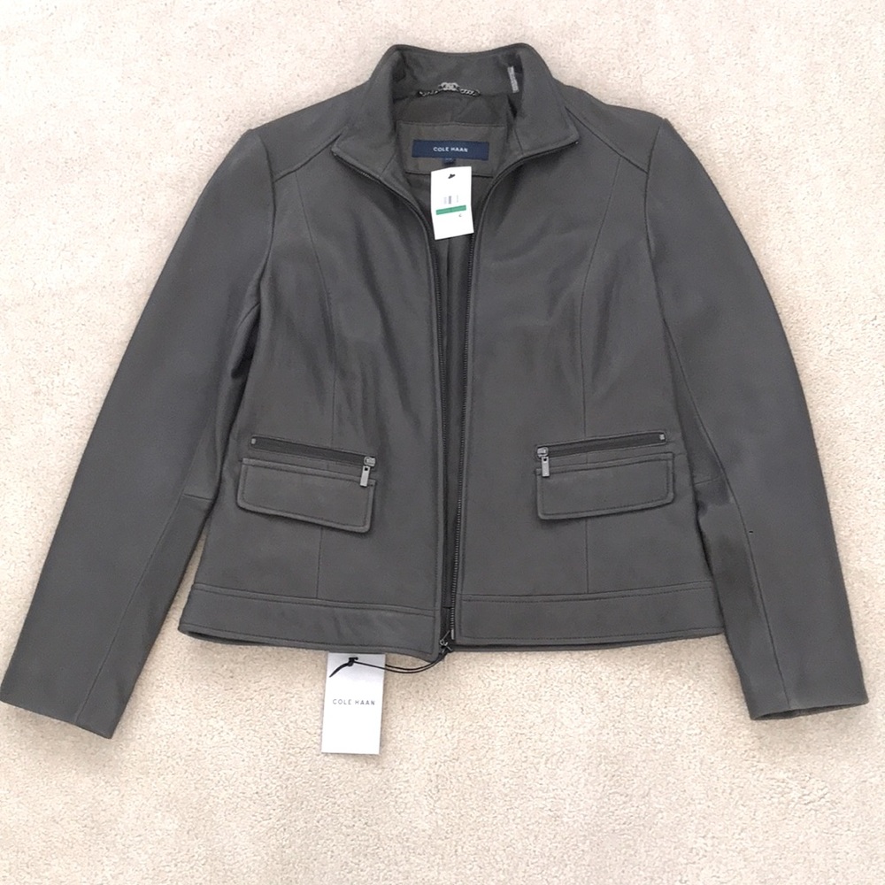 Cole Haan, Gray, Leather Jacket, Large